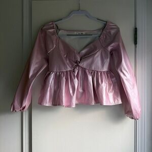 day + moon Pink Metallic Twist Front Peplum Long Sleeve Square Neck Size S